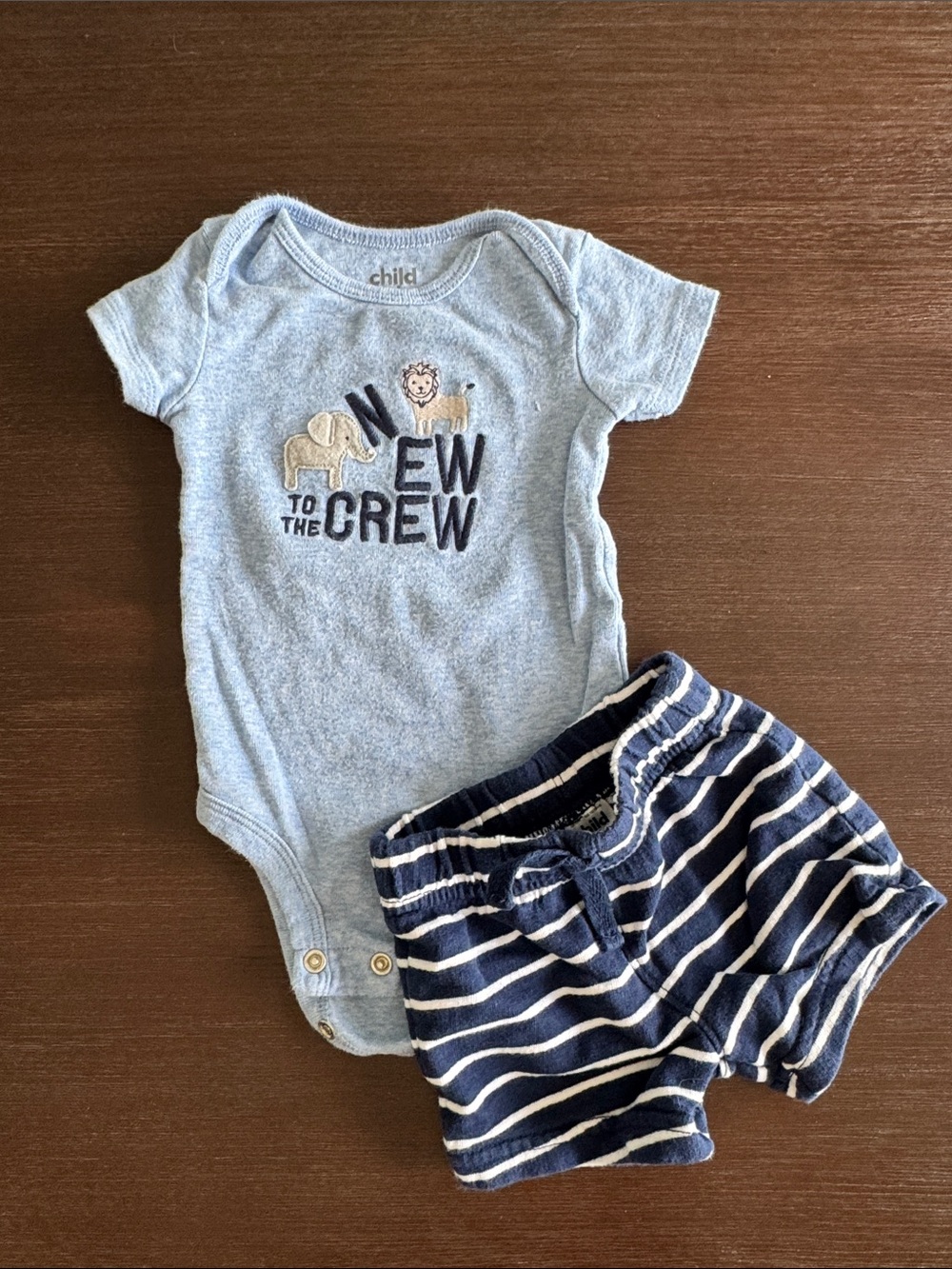 child of mine Light Blue Bodysuit with Navy and White Striped Shorts